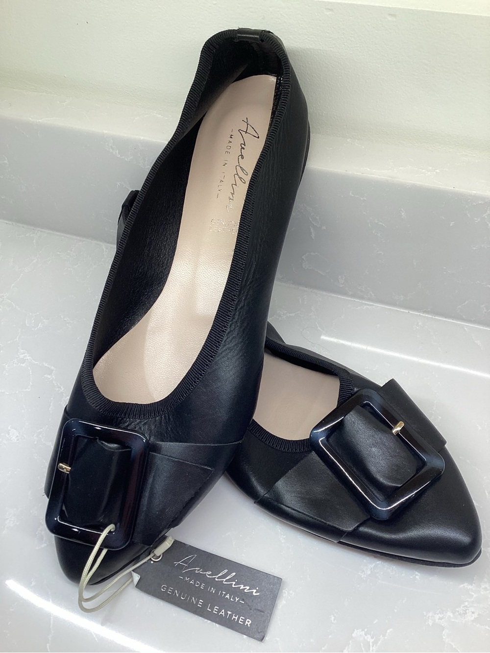 Black Leather Pointed Ballet Flats with Decorative Buckle